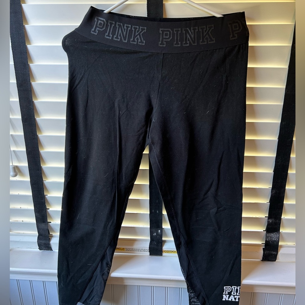 Pink Nation Black Cropped Leggings with Mesh Siding